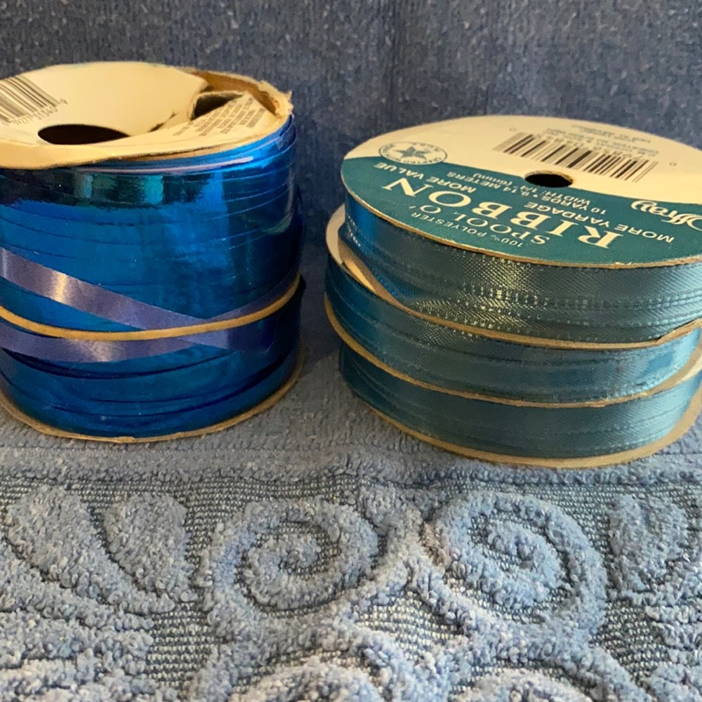 4 Rolls of Ribbon blue and shiny blue
